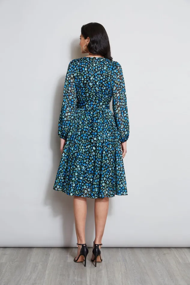 Women Dresses and Jumpsuits Elie Tahari Floral Long Sleeve Belted Dress Forget Me Not Print