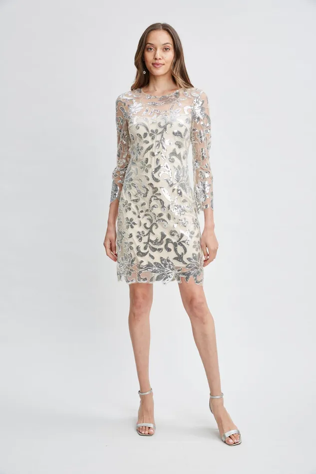 Women Dresses and Jumpsuits Elie Tahari Floral Sequin Long Sleeve Dress Silver