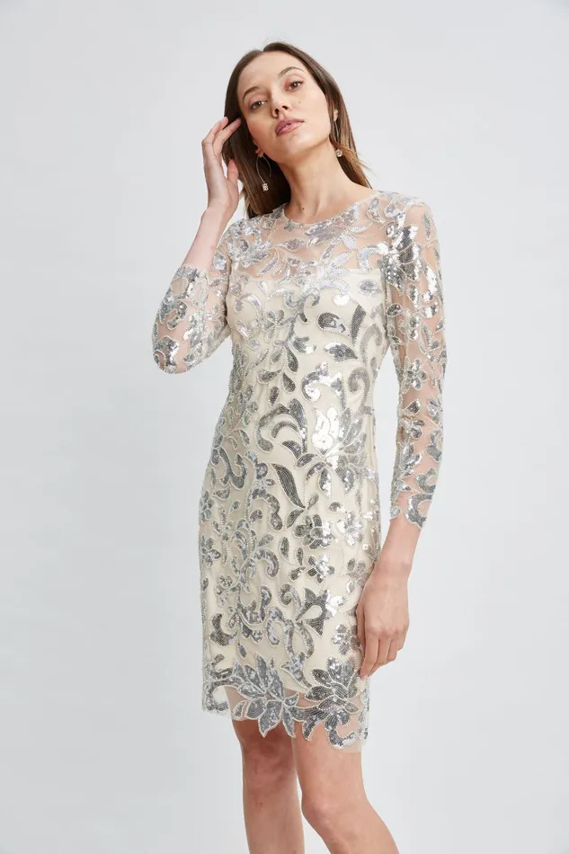 Women Dresses and Jumpsuits Elie Tahari Floral Sequin Long Sleeve Dress Silver