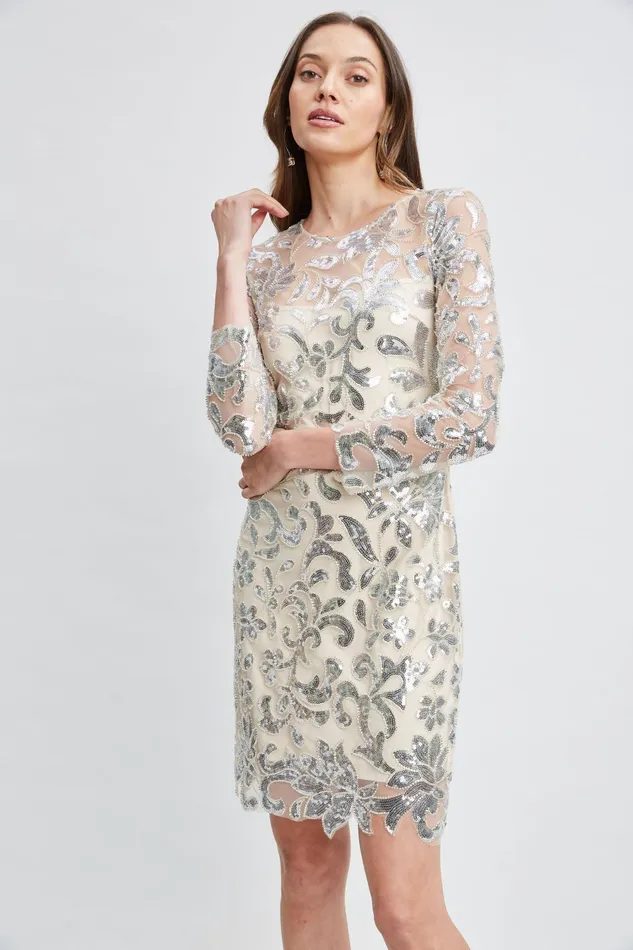 Women Dresses and Jumpsuits Elie Tahari Floral Sequin Long Sleeve Dress Silver