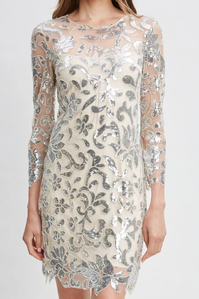 Women Dresses and Jumpsuits Elie Tahari Floral Sequin Long Sleeve Dress Silver