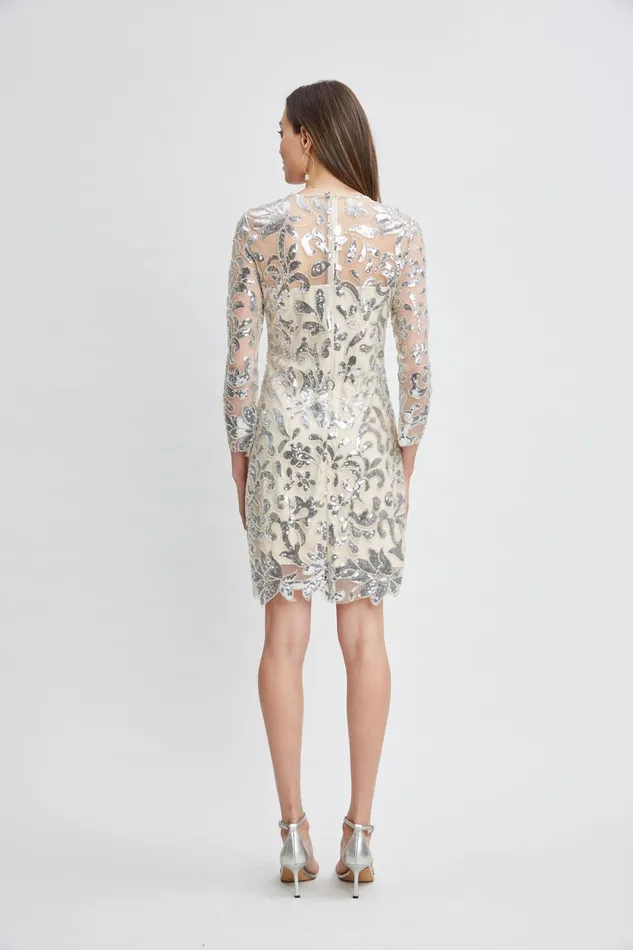 Women Dresses and Jumpsuits Elie Tahari Floral Sequin Long Sleeve Dress Silver