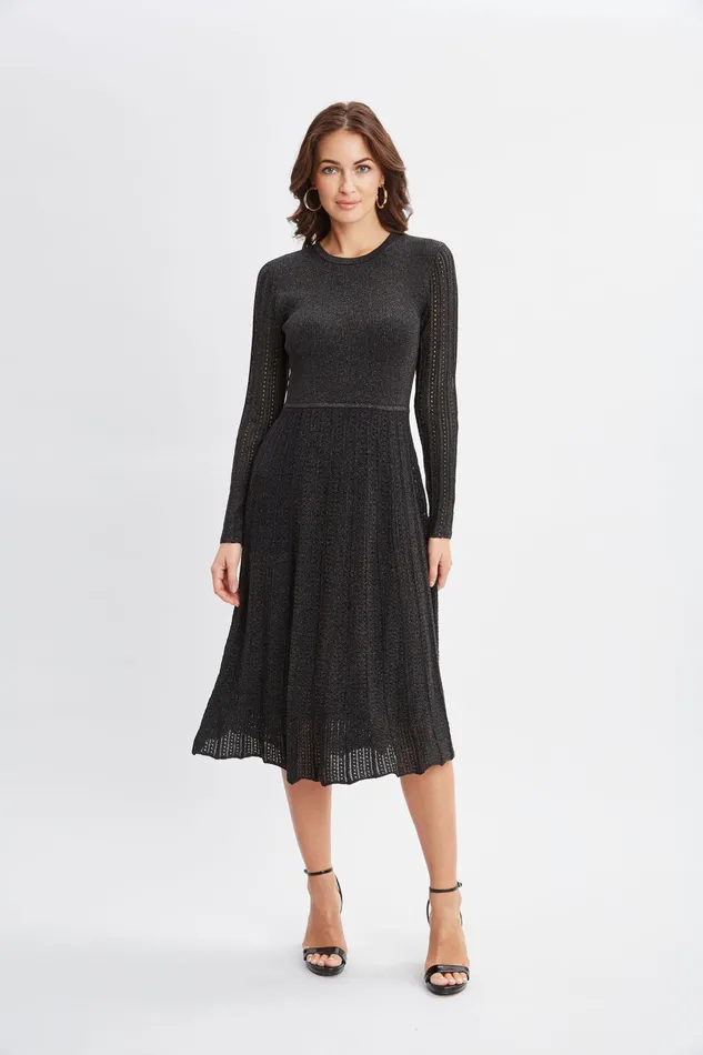 Women Dresses and Jumpsuits Elie Tahari Lurex Flare Sweater Dress Noir With Gunmetal Lurex Women Dresses and Jumpsuits Elie Tahari Lurex Flare Sweater Dress Noir With Gunmetal Lurex
