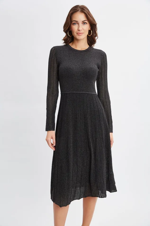 Women Dresses and Jumpsuits Elie Tahari Lurex Flare Sweater Dress Noir With Gunmetal Lurex