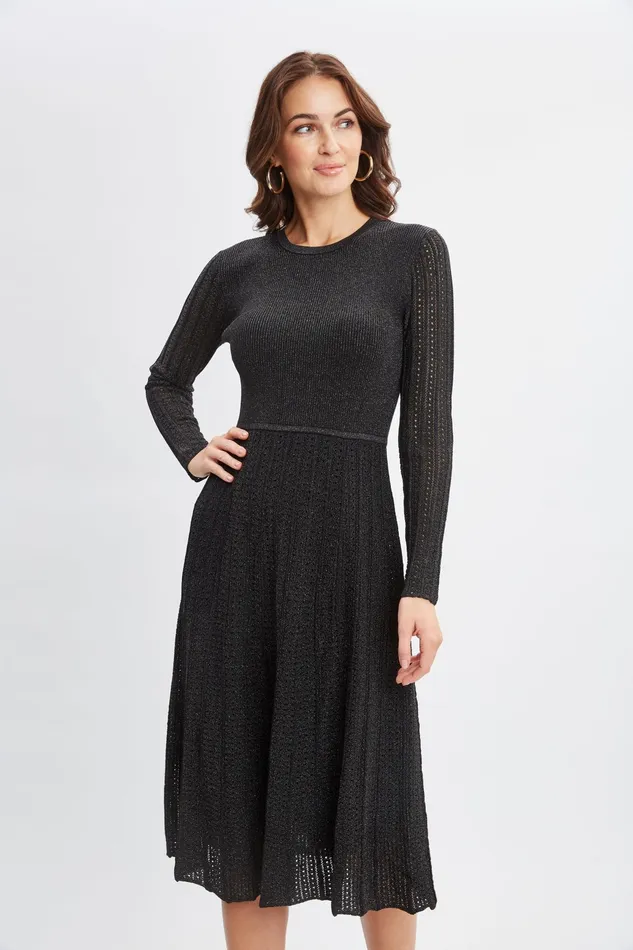 Women Dresses and Jumpsuits Elie Tahari Lurex Flare Sweater Dress Noir With Gunmetal Lurex