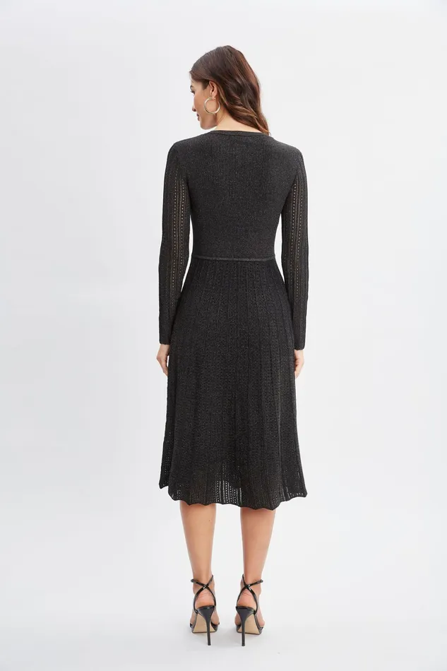 Women Dresses and Jumpsuits Elie Tahari Lurex Flare Sweater Dress Noir With Gunmetal Lurex