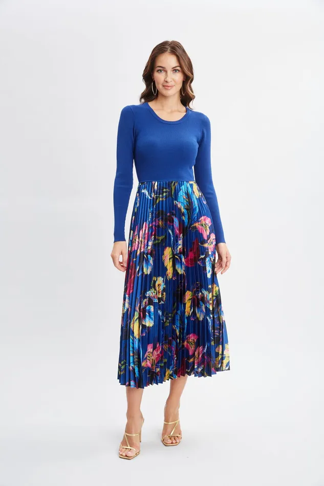 Women Dresses and Jumpsuits Elie Tahari Mixed Media Floral Pleated Dress Daphne Blue W Daphne Garden Women Dresses and Jumpsuits Elie Tahari Mixed Media Floral Pleated Dress Daphne Blue W Daphne Garden