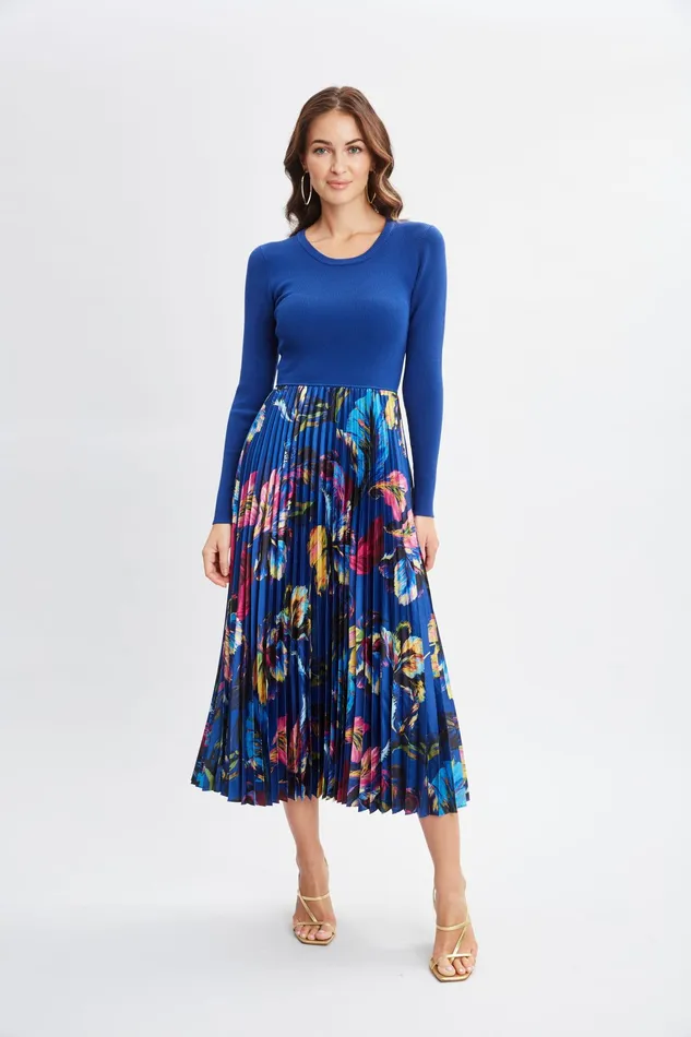 Women Dresses and Jumpsuits Elie Tahari Mixed Media Floral Pleated Dress Daphne Blue W Daphne Garden
