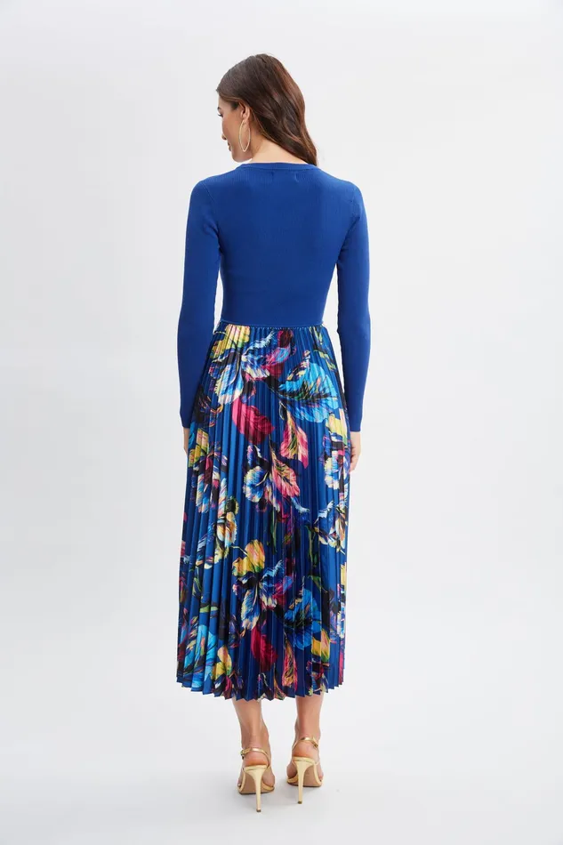 Women Dresses and Jumpsuits Elie Tahari Mixed Media Floral Pleated Dress Daphne Blue W Daphne Garden
