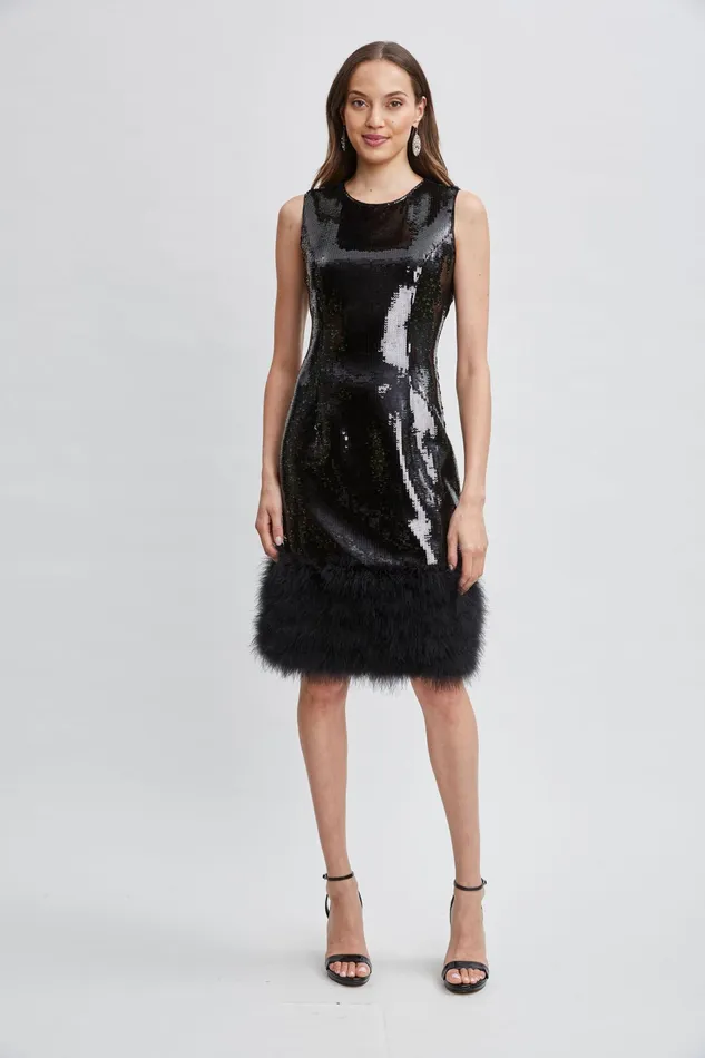 Women Dresses and Jumpsuits Elie Tahari Sequin Feather Hem Dress Noir Sequin