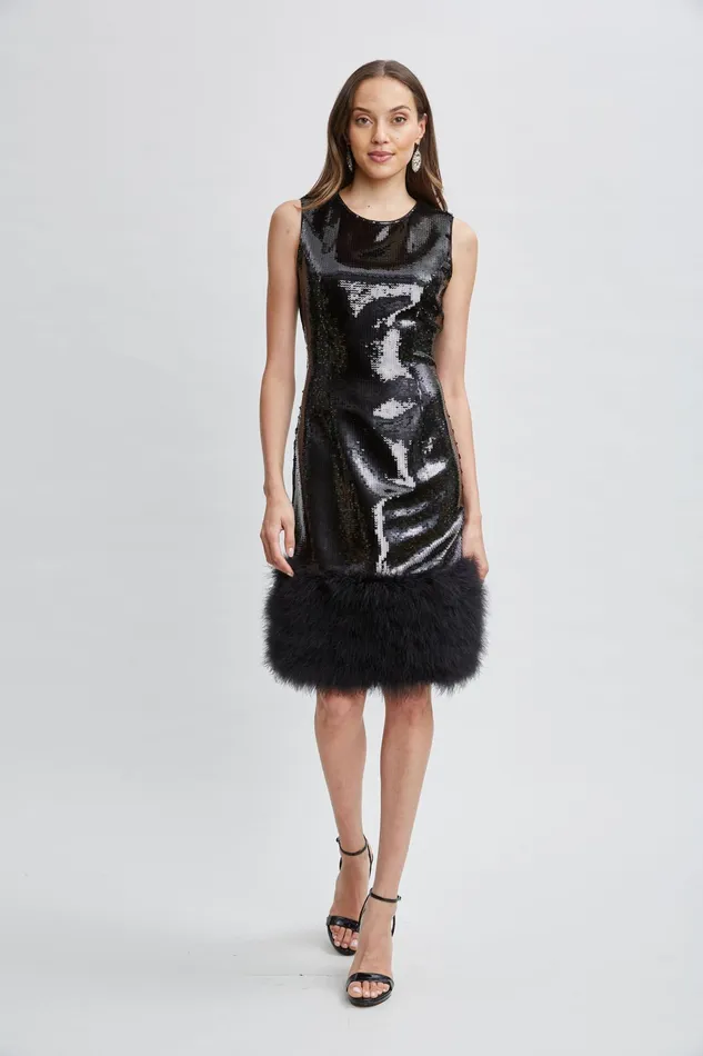 Women Dresses and Jumpsuits Elie Tahari Sequin Feather Hem Dress Noir Sequin