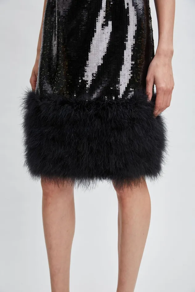 Women Dresses and Jumpsuits Elie Tahari Sequin Feather Hem Dress Noir Sequin