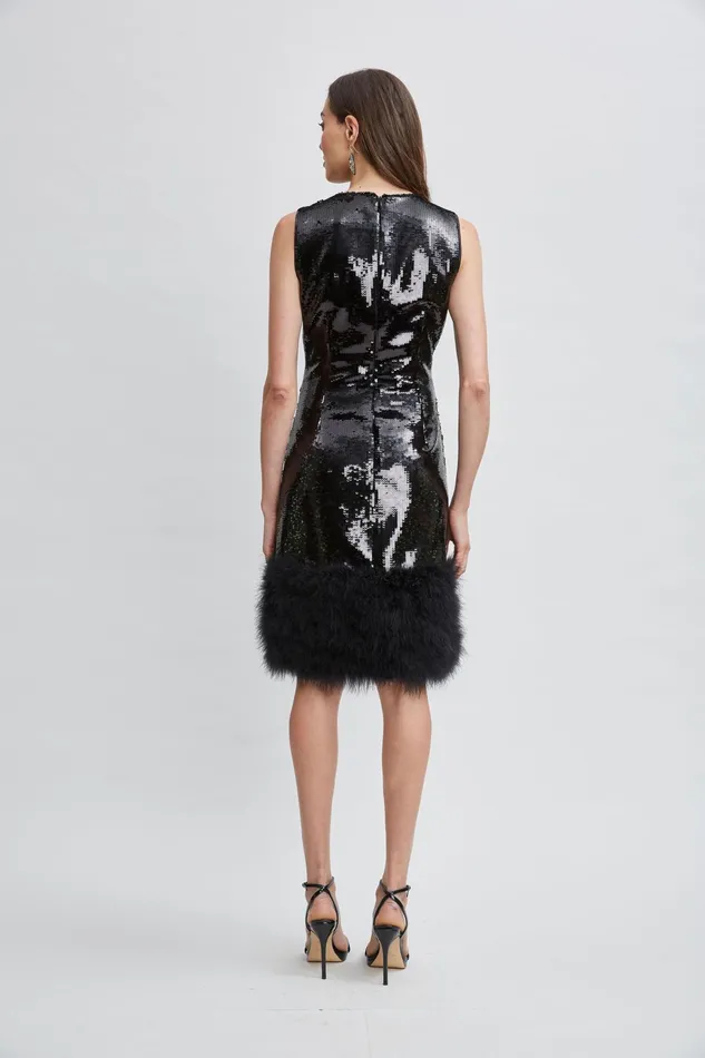 Women Dresses and Jumpsuits Elie Tahari Sequin Feather Hem Dress Noir Sequin