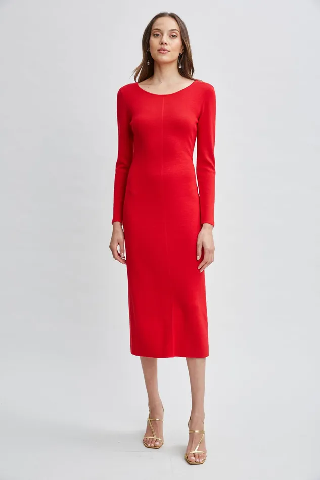 Women Dresses and Jumpsuits Elie Tahari Wool Draped Chain Sweater Dress Ruby Red
