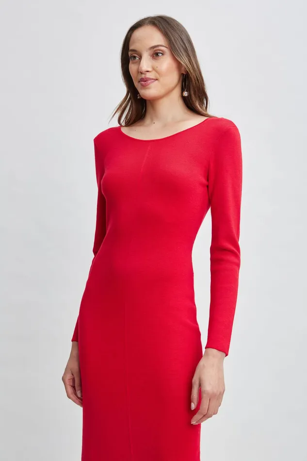 Women Dresses and Jumpsuits Elie Tahari Wool Draped Chain Sweater Dress Ruby Red