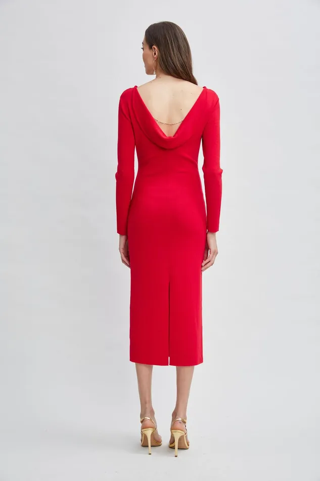 Women Dresses and Jumpsuits Elie Tahari Wool Draped Chain Sweater Dress Ruby Red