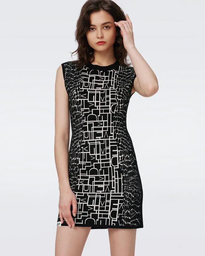 Women DVF Dresses Aviva Knit Jacquard Reversible Dress Dvf Logo And Leopard Black And Ivory