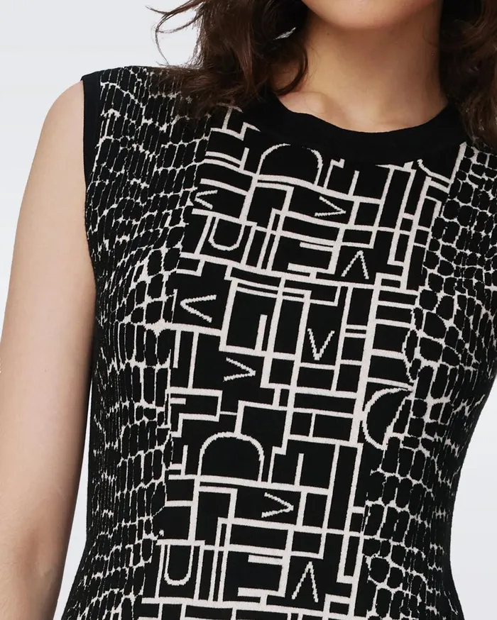 Women DVF Dresses Aviva Knit Jacquard Reversible Dress Dvf Logo And Leopard Black And Ivory