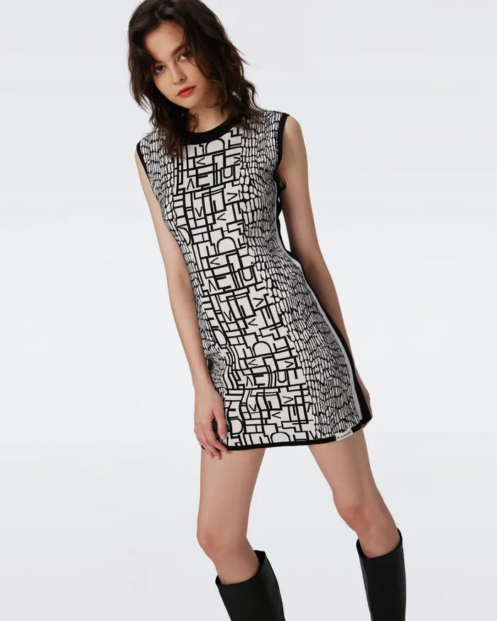 Women DVF Dresses Aviva Knit Jacquard Reversible Dress Dvf Logo And Leopard Black And Ivory
