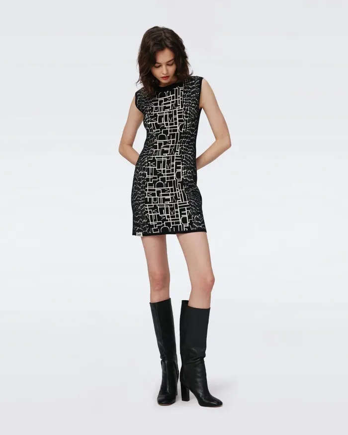 Women DVF Dresses Aviva Knit Jacquard Reversible Dress Dvf Logo And Leopard Black And Ivory