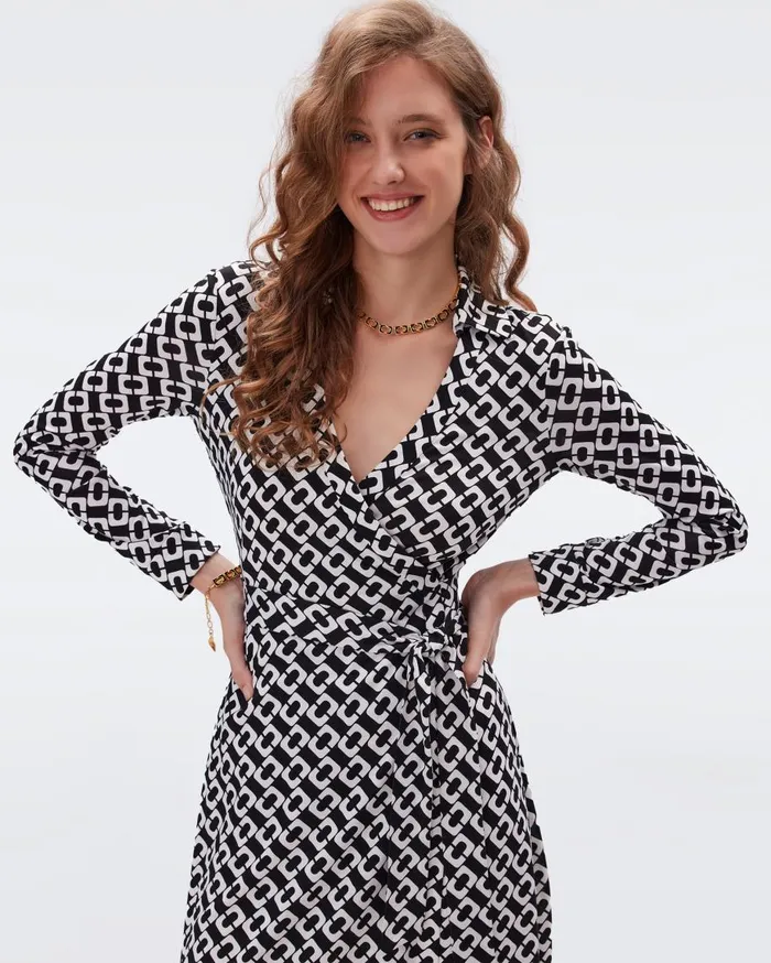 Women DVF Dresses Jeanne Silk Jersey Wrap Dress Chain Link Medium Black