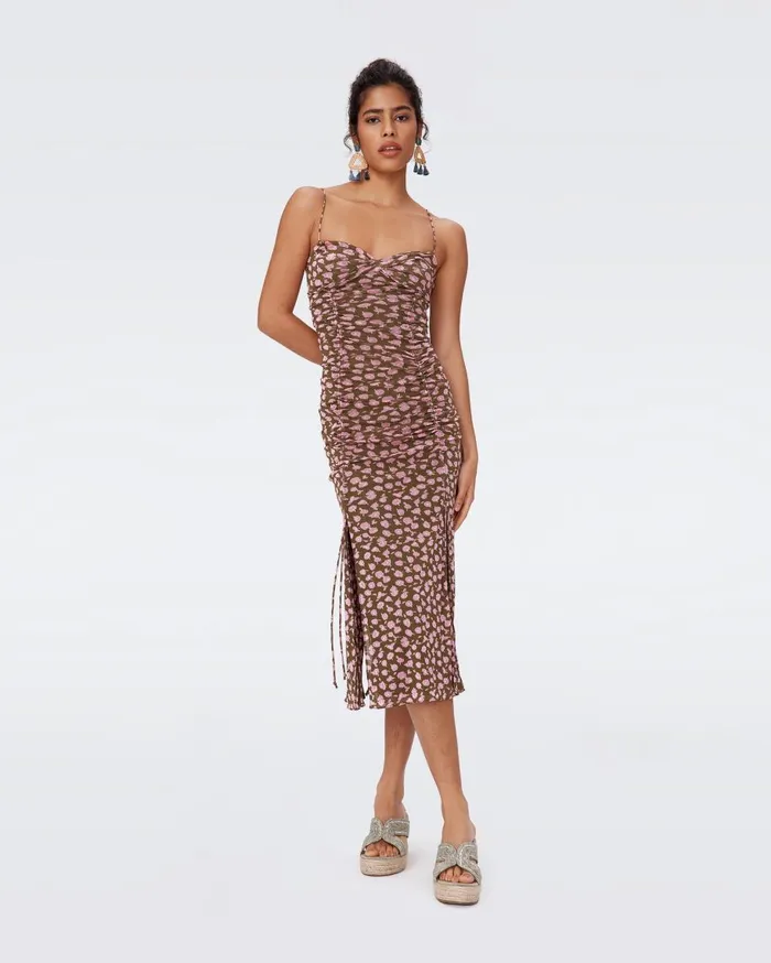 Women DVF Dresses Lester Mesh Dress Tiny Rose Showers Khaki