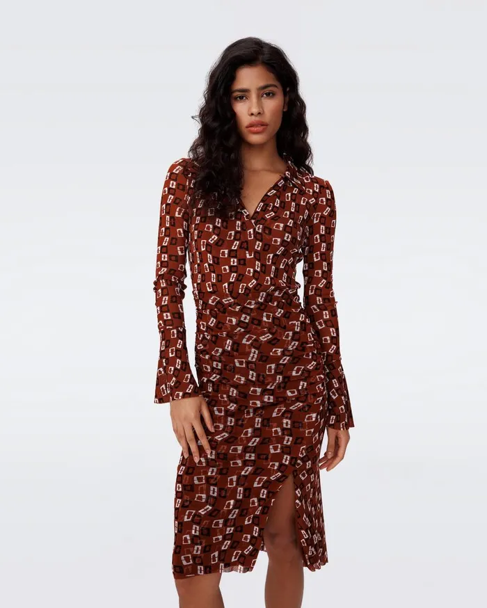 Women DVF Dresses Lilly Mesh Dress Tiny Chain Spots Brown