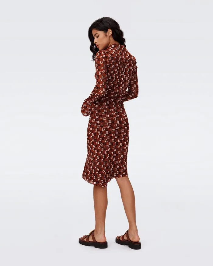 Women DVF Dresses Lilly Mesh Dress Tiny Chain Spots Brown