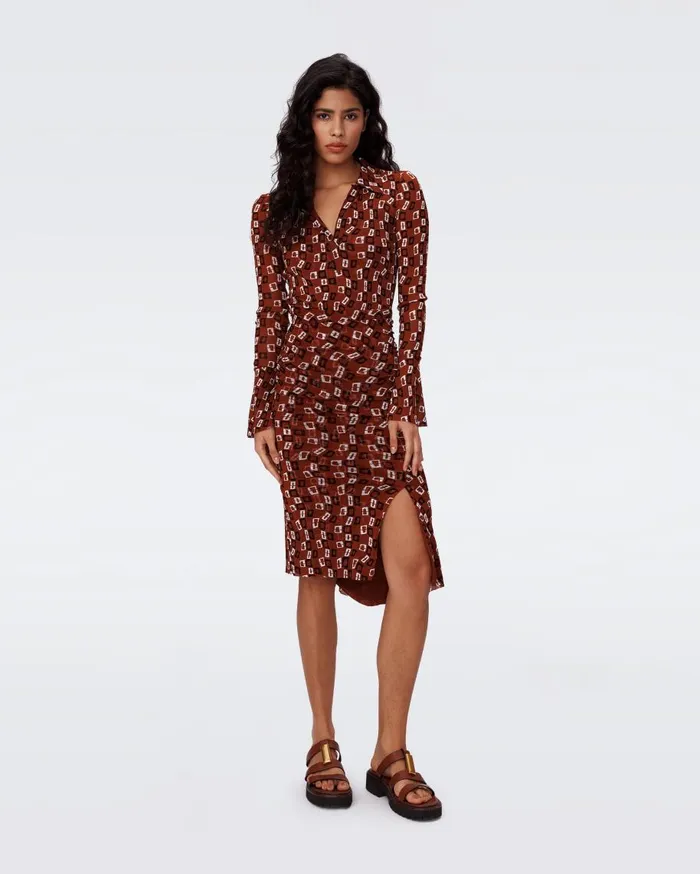 Women DVF Dresses Lilly Mesh Dress Tiny Chain Spots Brown