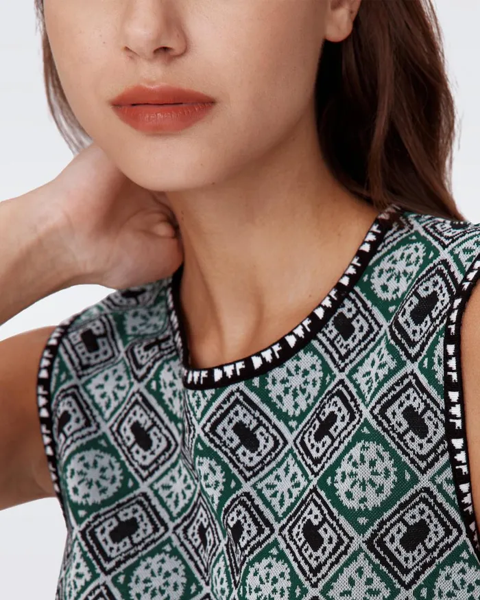 Women DVF Dresses Medusa Knit Jacquard Dress Paper Cut Geo