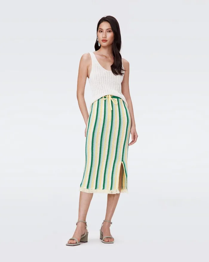 Women DVF Skirts Paulina Crochet Skirt Summer Stripe Yellow
