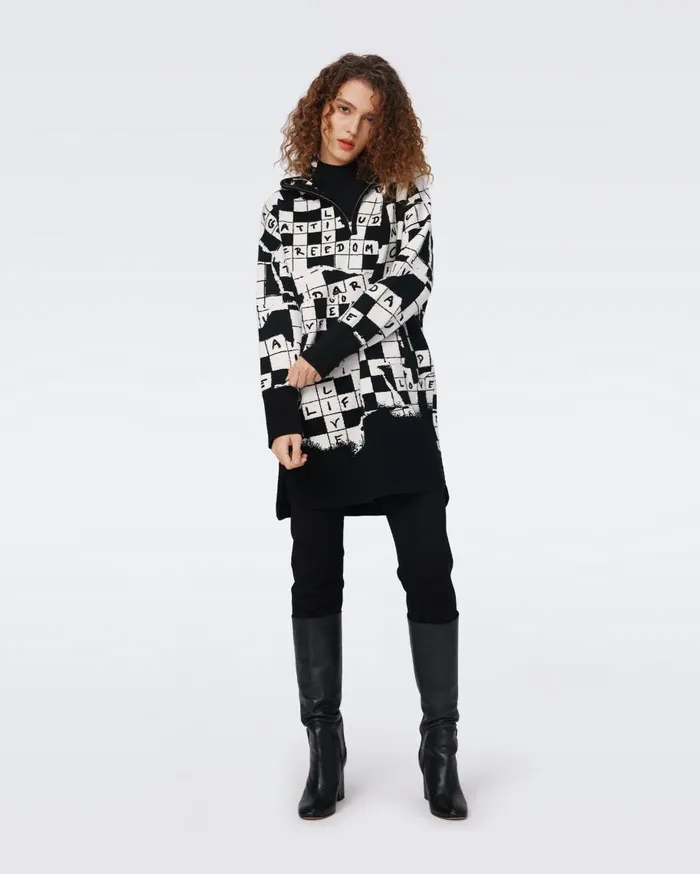Women DVF Tops Alvah Knit Jacquard Top Dvf 50th Crossword Ivory