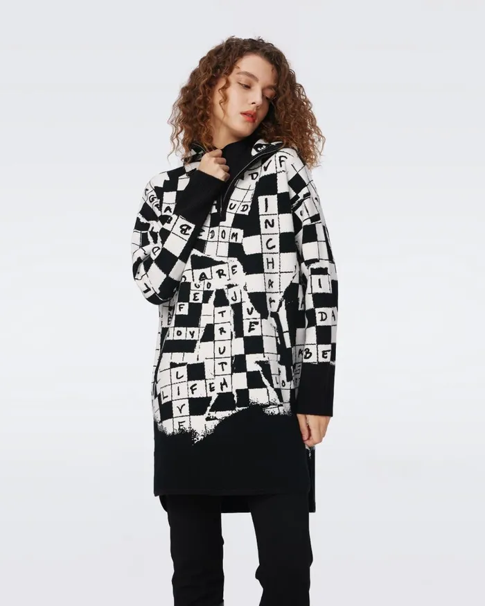 Women DVF Tops Alvah Knit Jacquard Top Dvf 50th Crossword Ivory