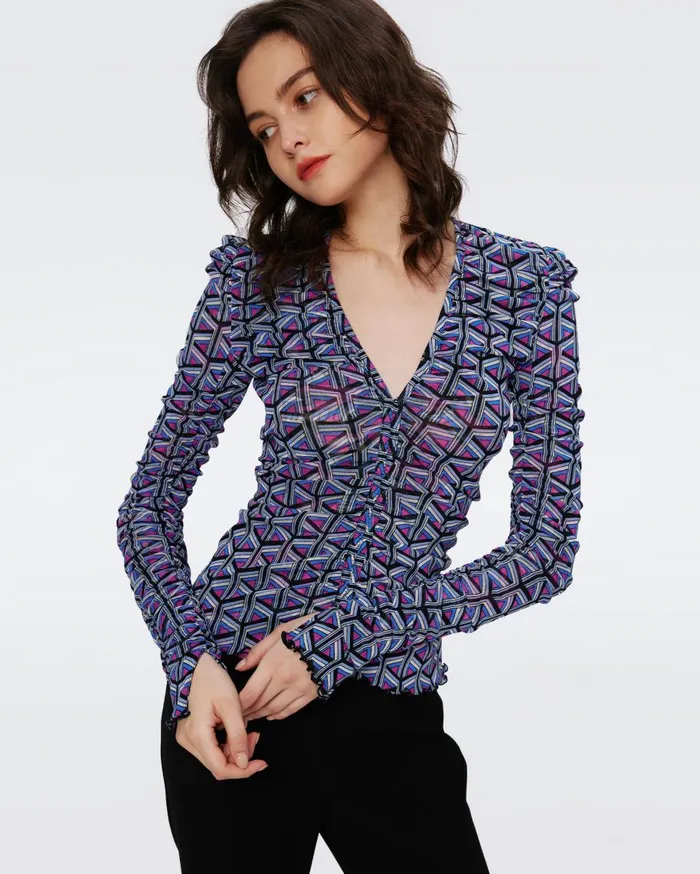Women DVF Tops Amal Reversible Mesh Top Fishnet Floral And Stadium Geo Purple