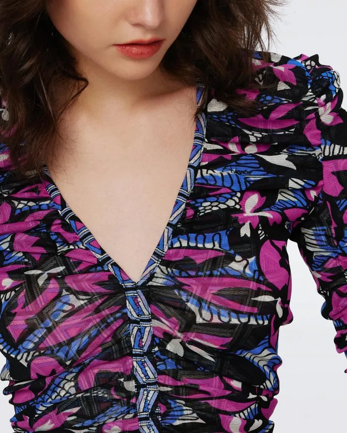Women DVF Tops Amal Reversible Mesh Top Fishnet Floral And Stadium Geo Purple