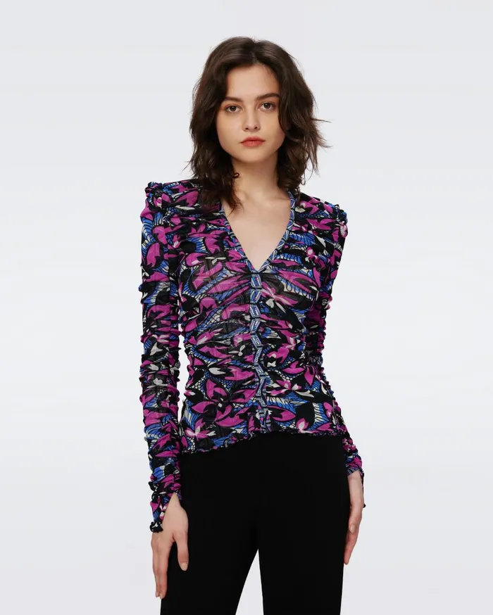 Women DVF Tops Amal Reversible Mesh Top Fishnet Floral And Stadium Geo Purple