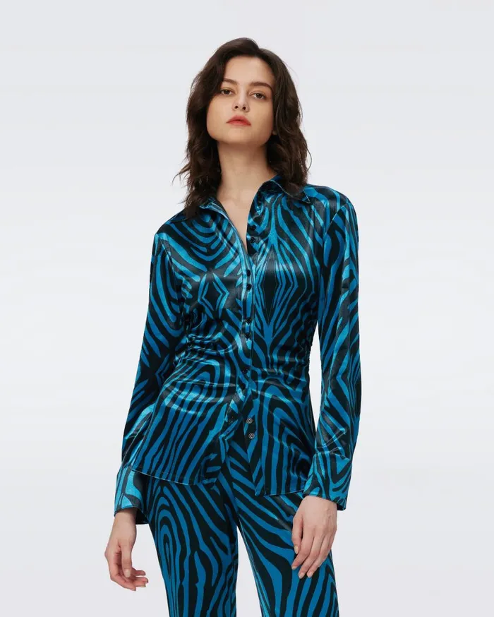 Women DVF Tops Soluck Velvet Top Huge Zebra Blue