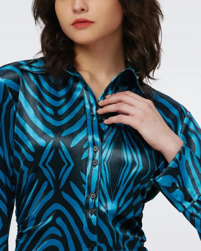 Women DVF Tops Soluck Velvet Top Huge Zebra Blue