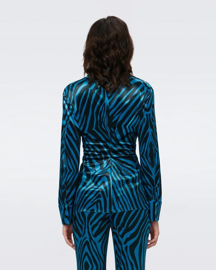 Women DVF Tops Soluck Velvet Top Huge Zebra Blue