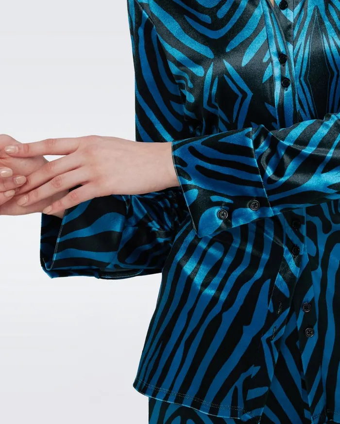 Women DVF Tops Soluck Velvet Top Huge Zebra Blue