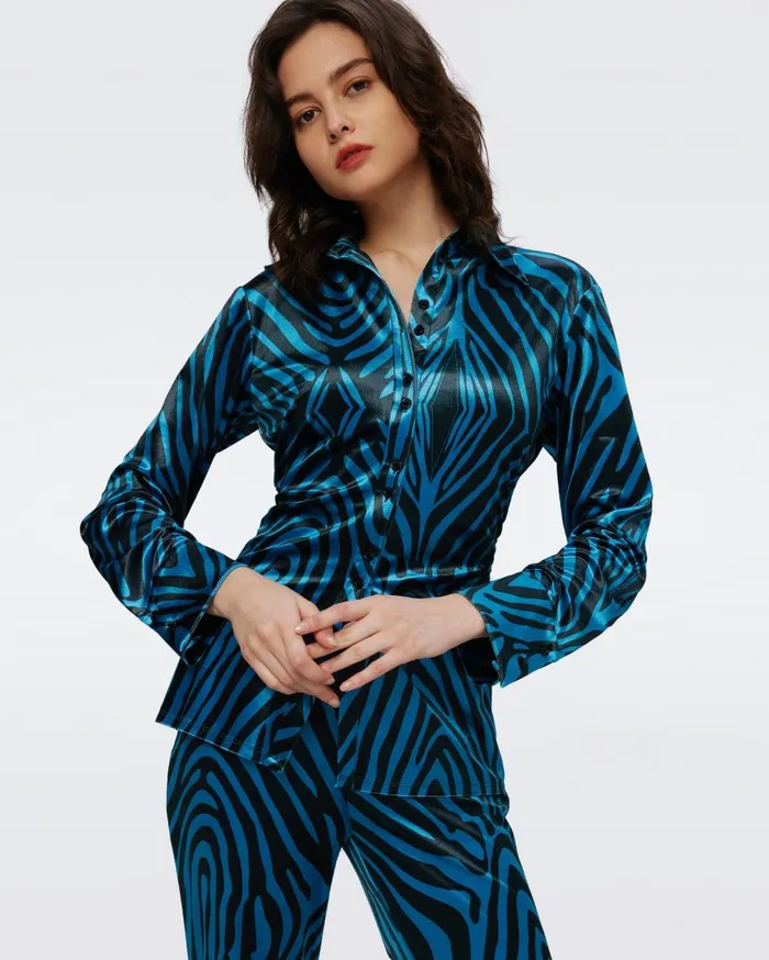 Women DVF Tops Soluck Velvet Top Huge Zebra Blue