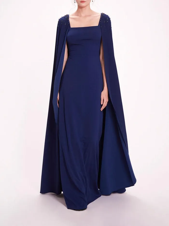 Women Embellished Cape Gown Navy Marchesa Marchesa Notte