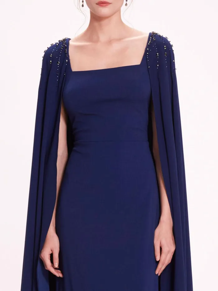 Women Embellished Cape Gown Navy Marchesa Marchesa Notte