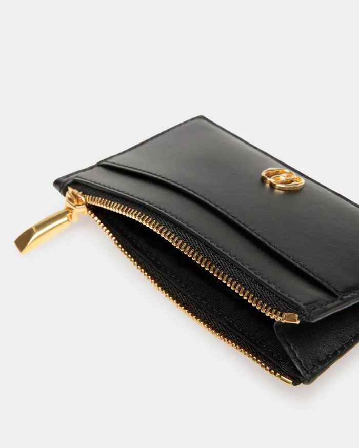 Women Emblem Card Holder In Black Leather Bally Wallets and Card Holders