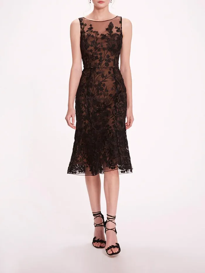 Women Embroidered Tulle Midi Dress Black Marchesa Marchesa Notte