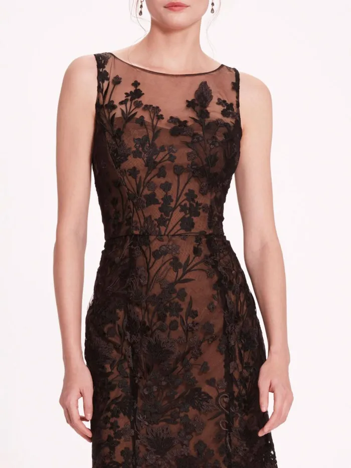Women Embroidered Tulle Midi Dress Black Marchesa Marchesa Notte