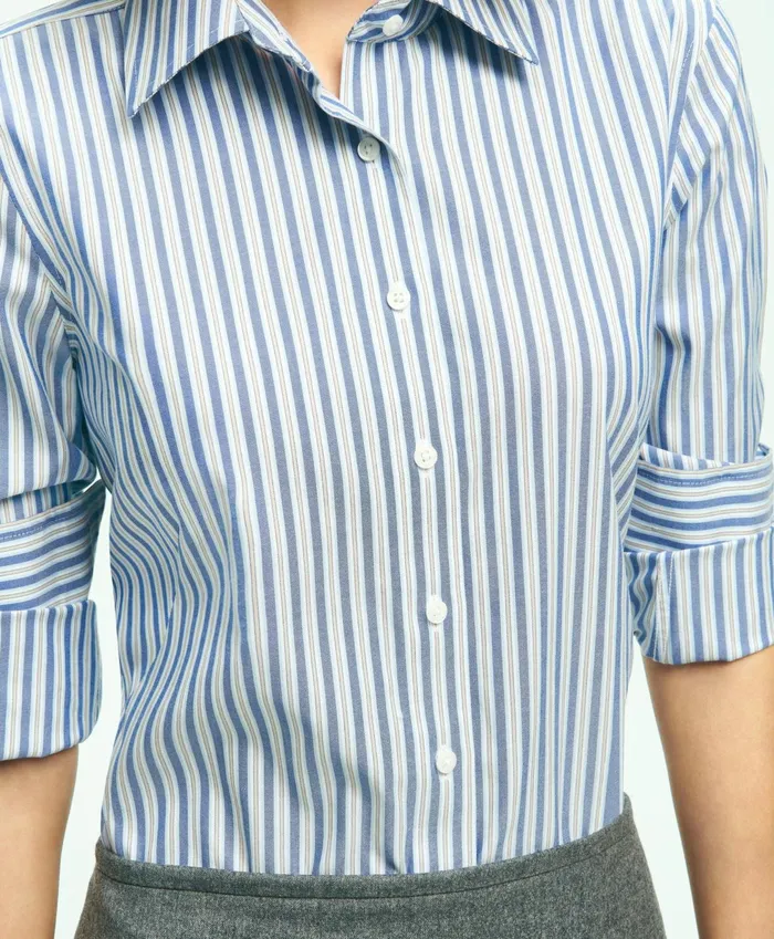 Women Fitted Stretch Supima Cotton NonIron MultiStripe Dress Shirt Blue Brooks Brothers Blouses and Shirts