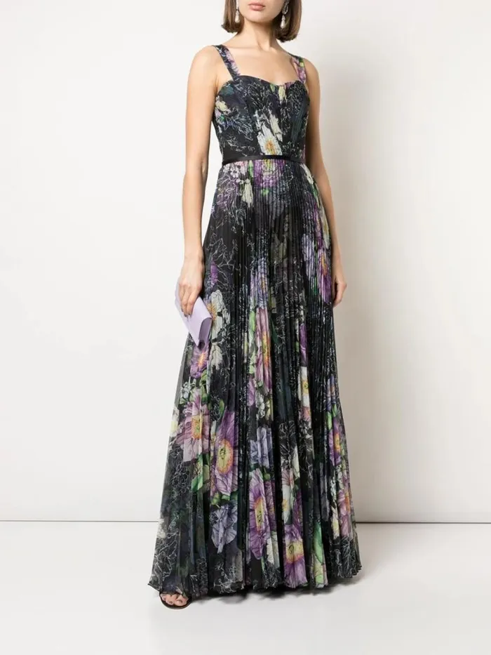 Women Floral Print Pleated Gown Black Marchesa Marchesa Notte
