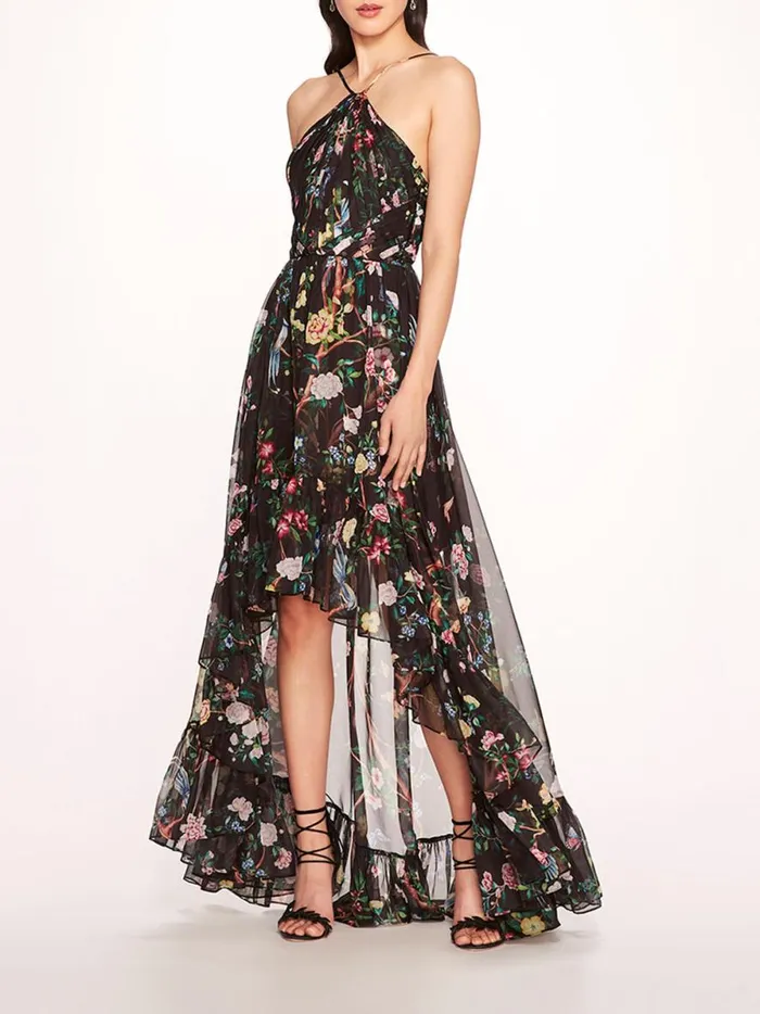 Women Flowering Halter HighLow Gown Black Multi Marchesa Marchesa Notte