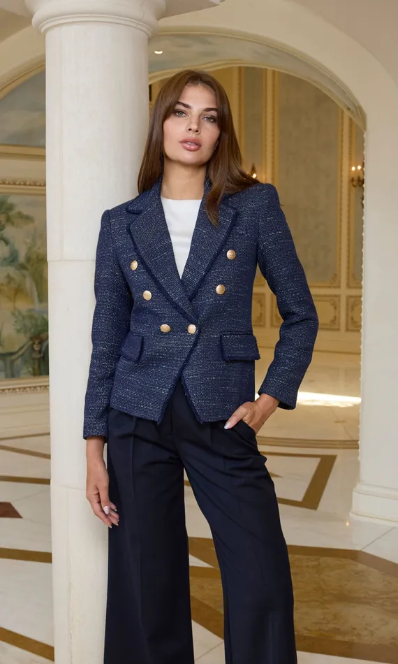 Women Generation Love Clothing Eliza Tweed Blazer NAVYGOLD Blazers and Jackets